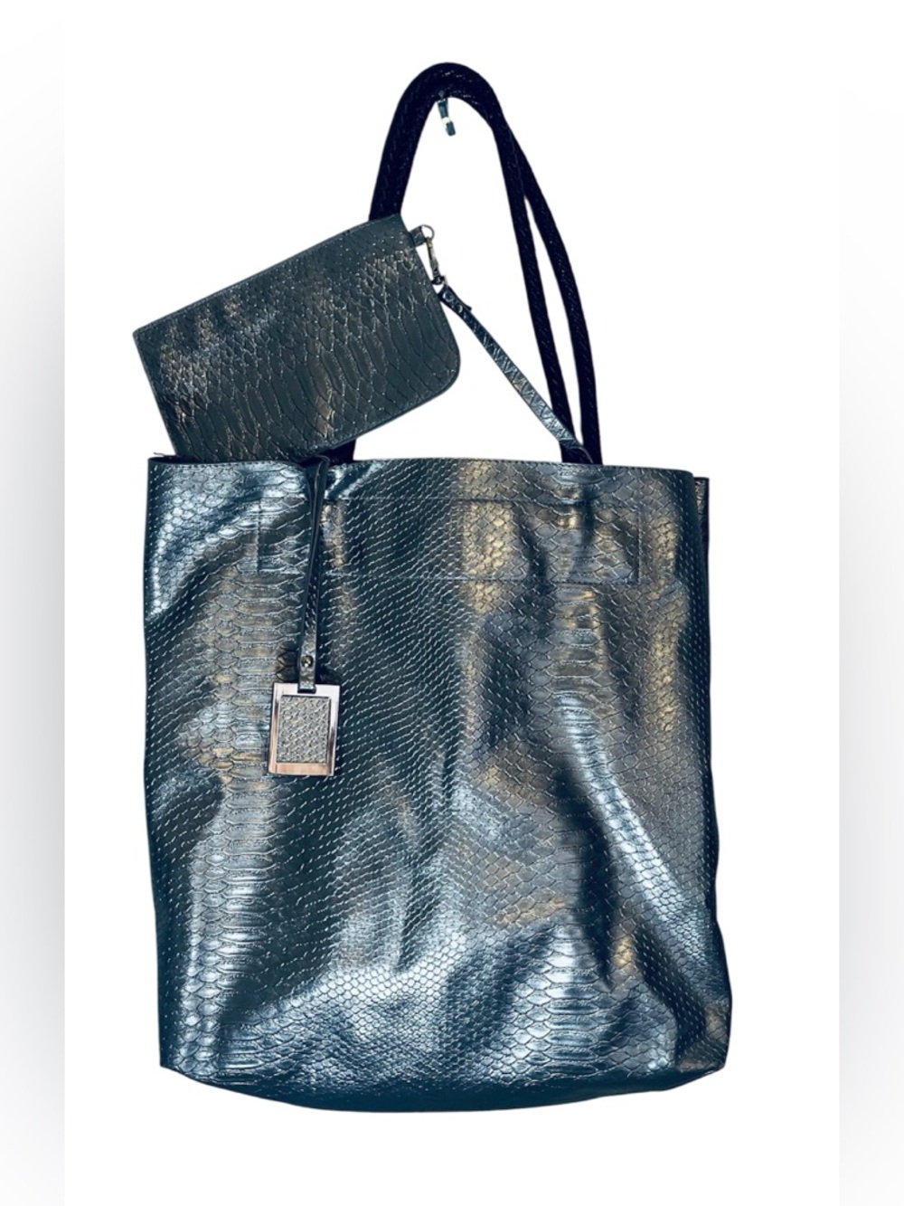 INZI silver  2-in-1 Python Texture Shopper
Tote with brown Braided Handles -